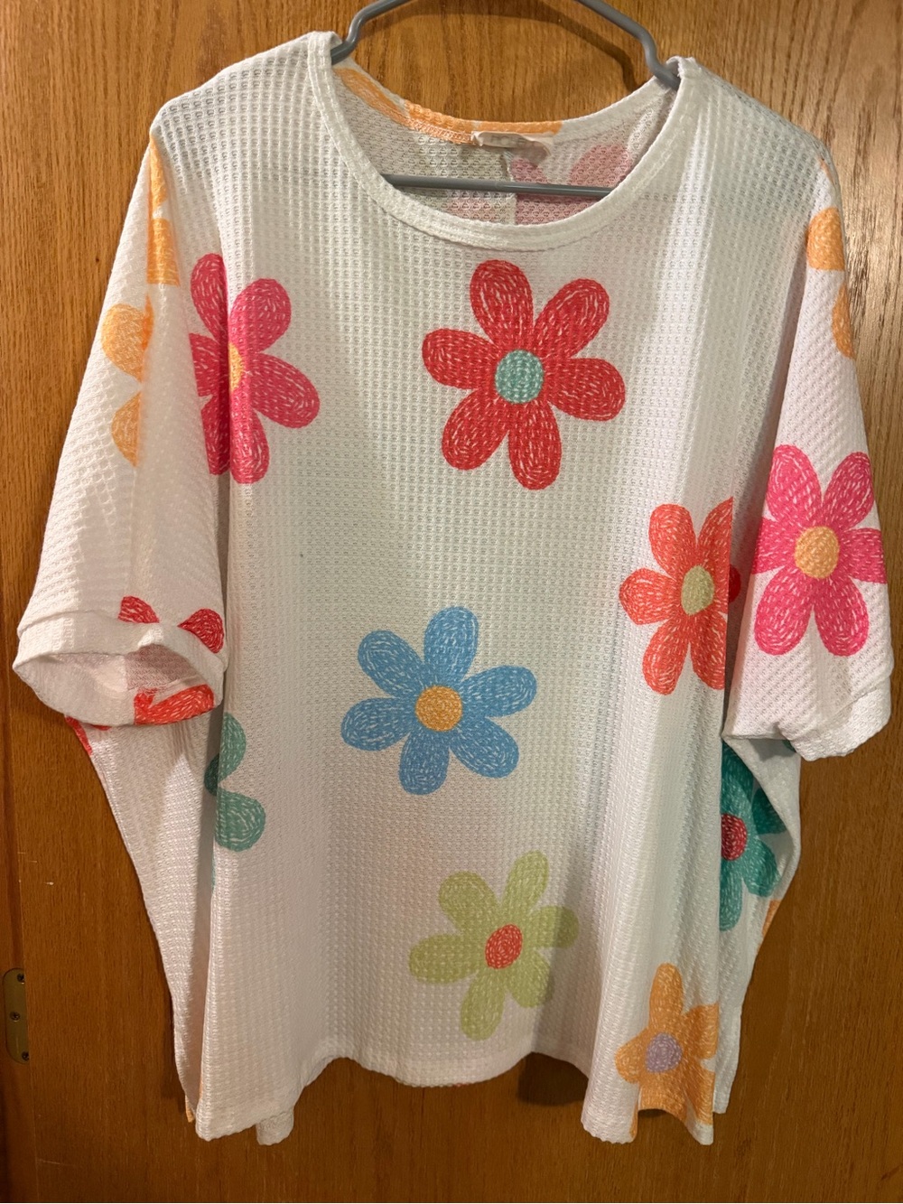 White Short-Sleeve Waffle Tee with Multicolor Floral Print
